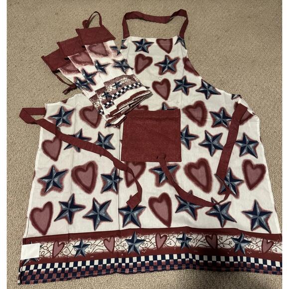 Patriotic Apron & Towel Set – Hearts & Stars – 4 pc NEW - Picture 1 of 2
